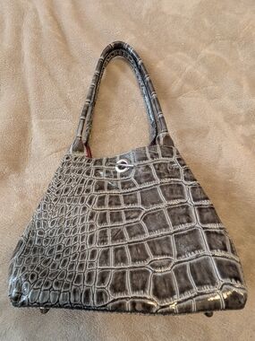 Croc-Embossed Structured Tote Bag in Grey